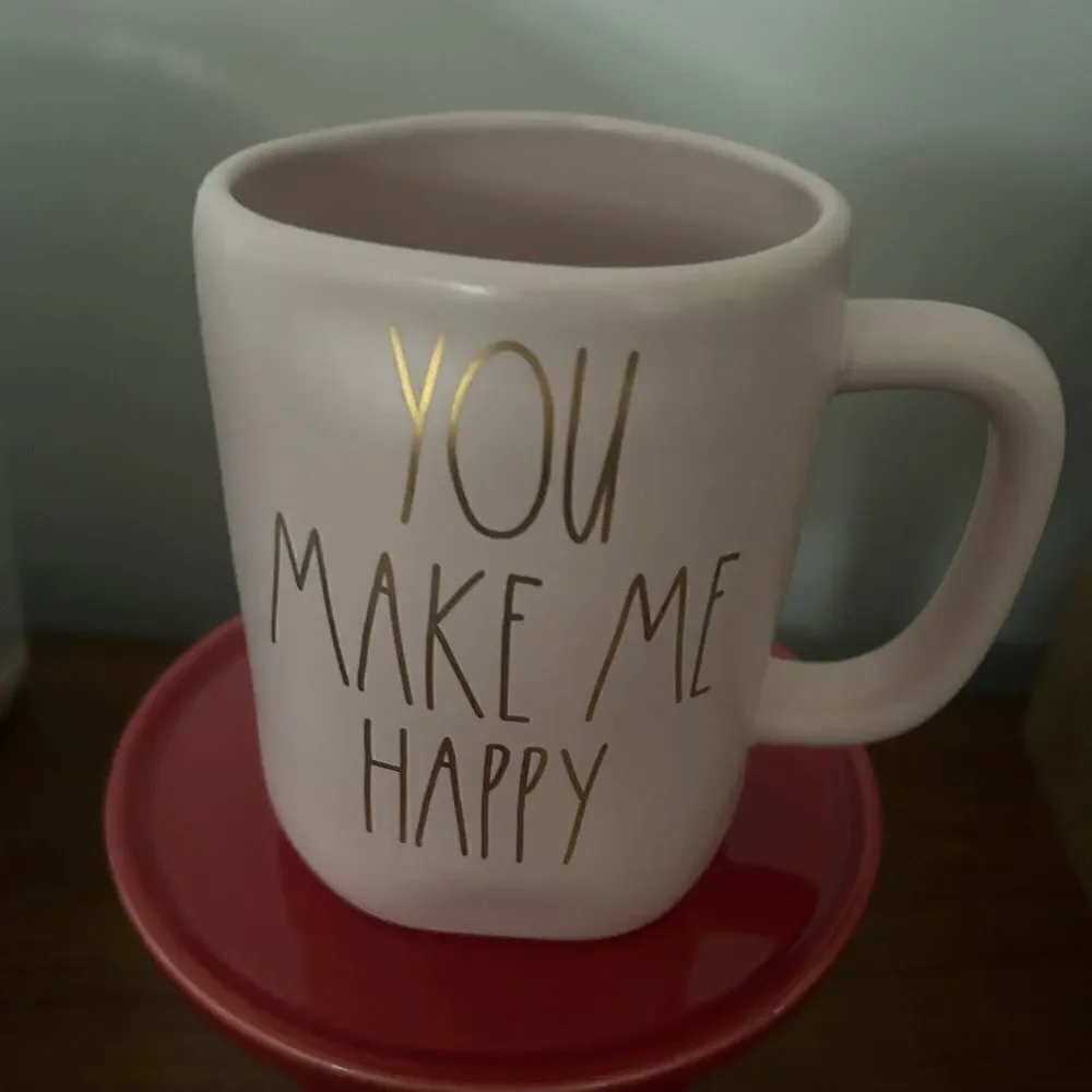 Rae Dunn YOU MAKE ME HAPPY Mug GOLD writing - PINK - Ceramic - Valentine's Day